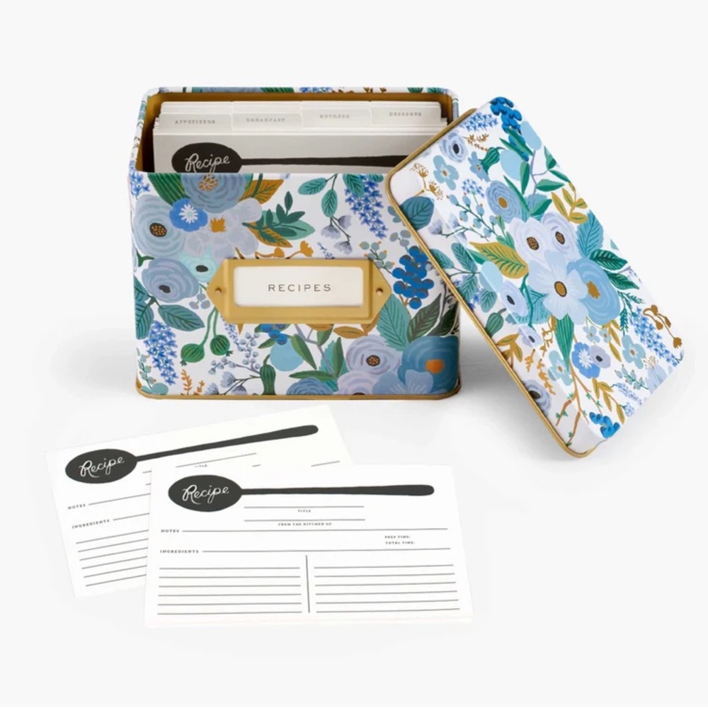 Rifle Paper Co Garden Party Blue and Gold Recipe Box NWOB - Picture 2 of 10